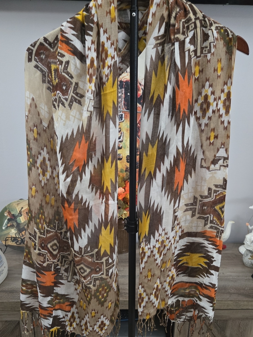 Aztec-Print Fringe Scarf Wrap in Brown, Orange & Mustard